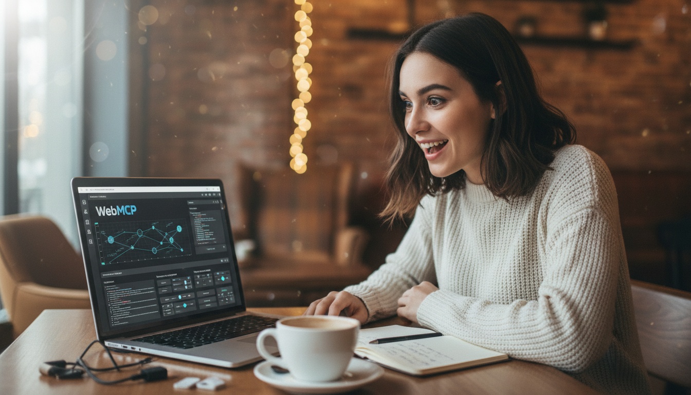 Zoe at laptop with browser showing AI agent automation, warm coffee shop setting