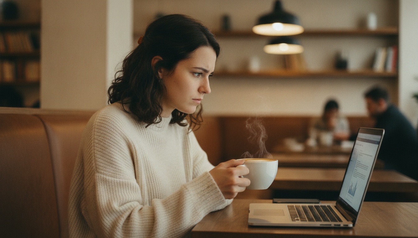 Person at laptop reviewing AI research with analytical expression