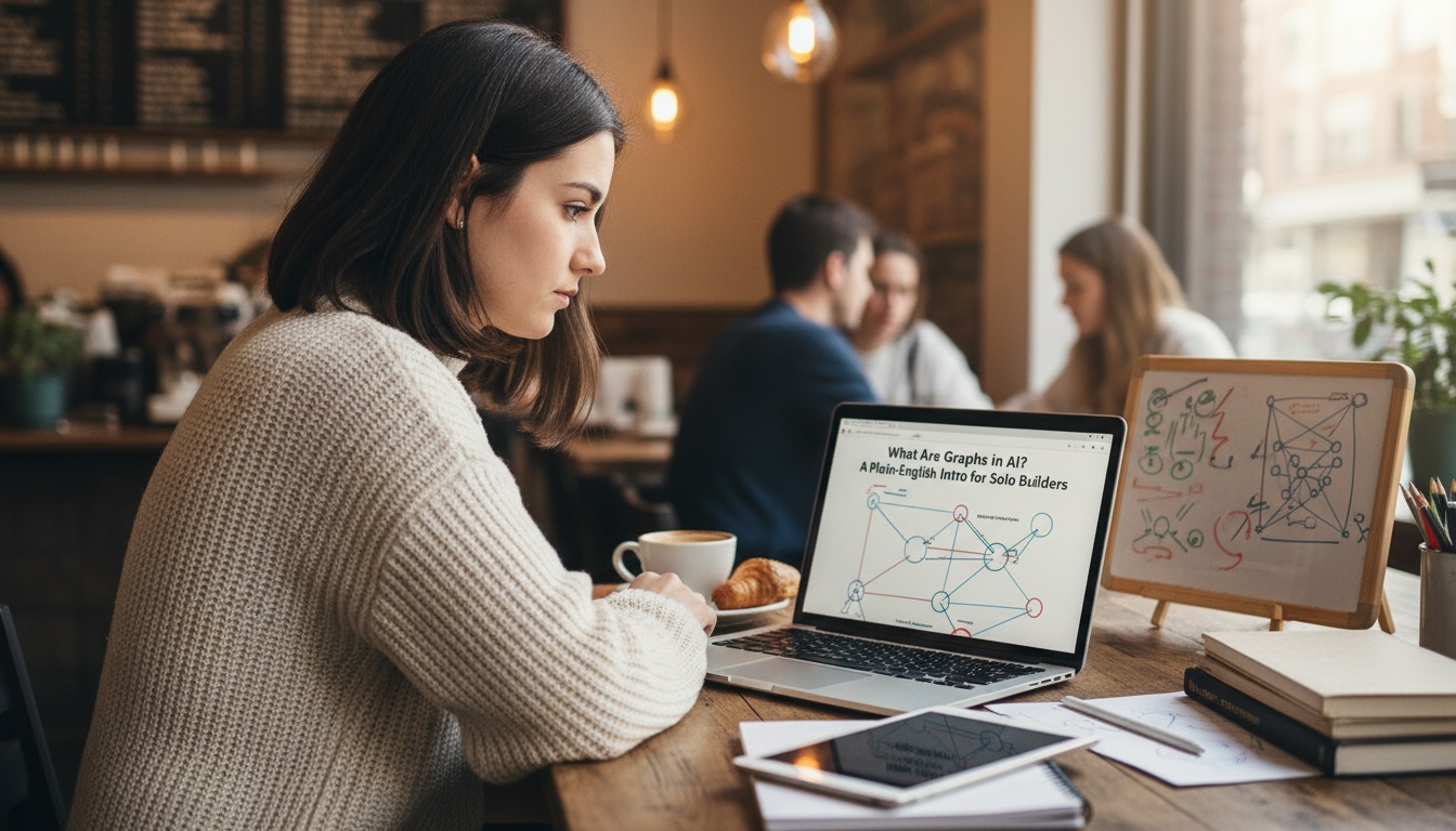 Zoe sketching connected nodes and arrows on paper beside her laptop in a warm coffee shop scene