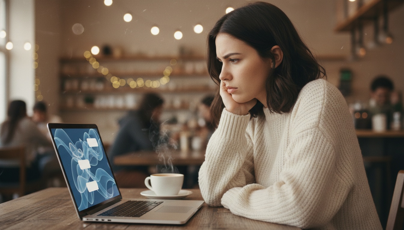 Zoe at laptop with AI chatbot interface on screen, warm coffee-shop editorial setting