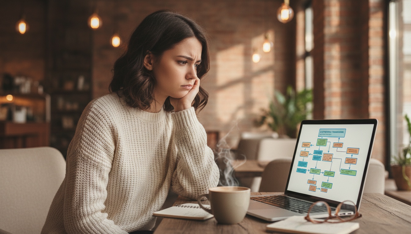 Person at laptop comparing AI agent frameworks on screen with workflow diagrams
