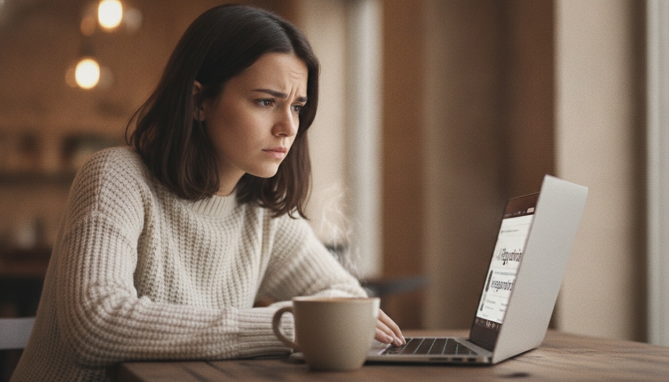 Zoe looking concerned reading AI regulation news on her laptop