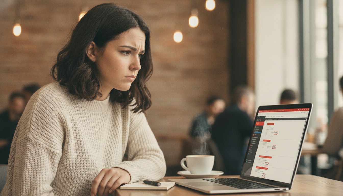 Person at laptop with browser automation workflow on screen showing failed steps
