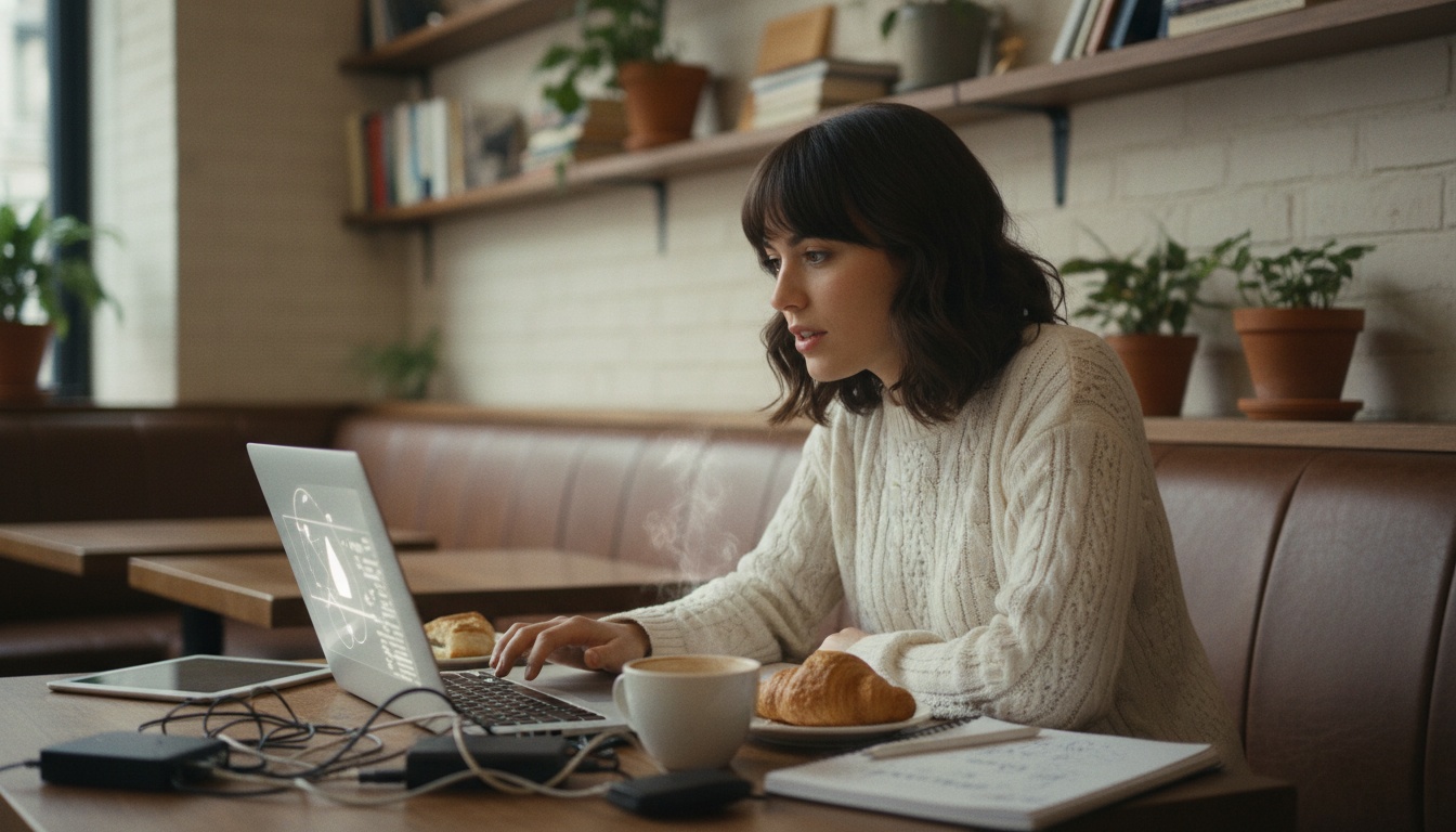 Zoe at laptop reviewing AI draft text on screen, frustrated but focused, warm coffee shop editorial