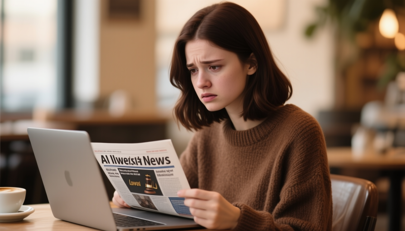 Zoe at laptop reading AI news headlines with concerned expression