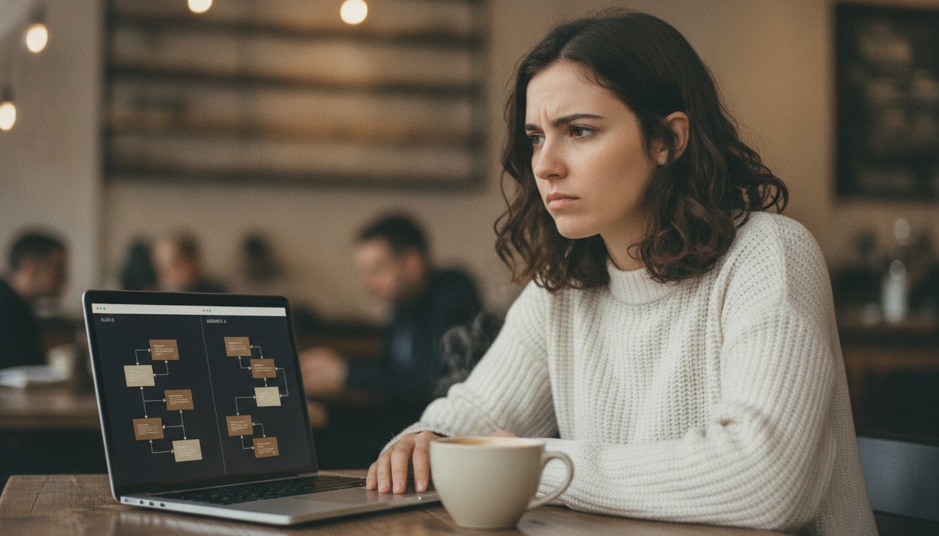 Person at laptop comparing Zapier and Make automation interfaces side by side