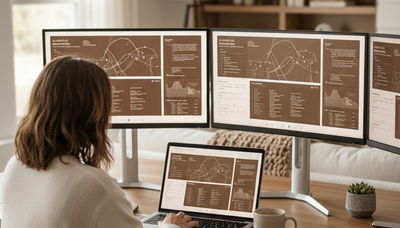 Zoe at laptop reviewing AI tool trends and forecasts for 2026 on screen